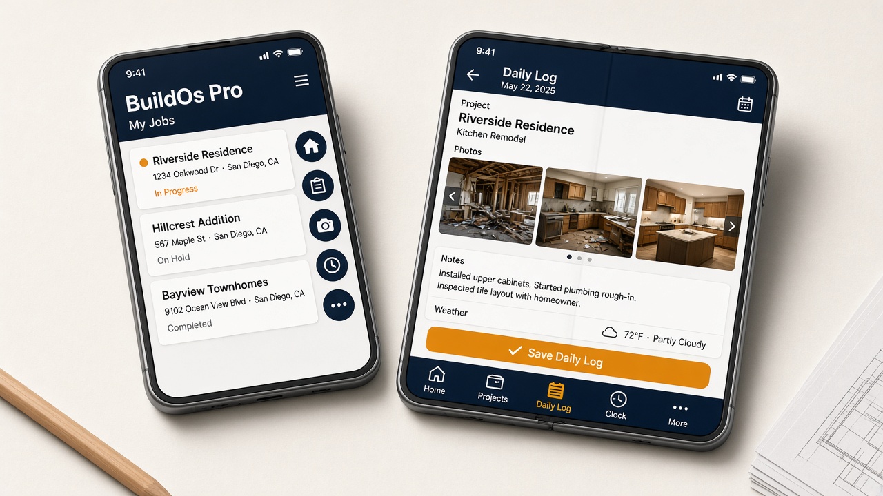 BuildOs Pro on iPhone Duo — cover screen with a right-side icon rail, and the open inner screen with Daily Log tabs