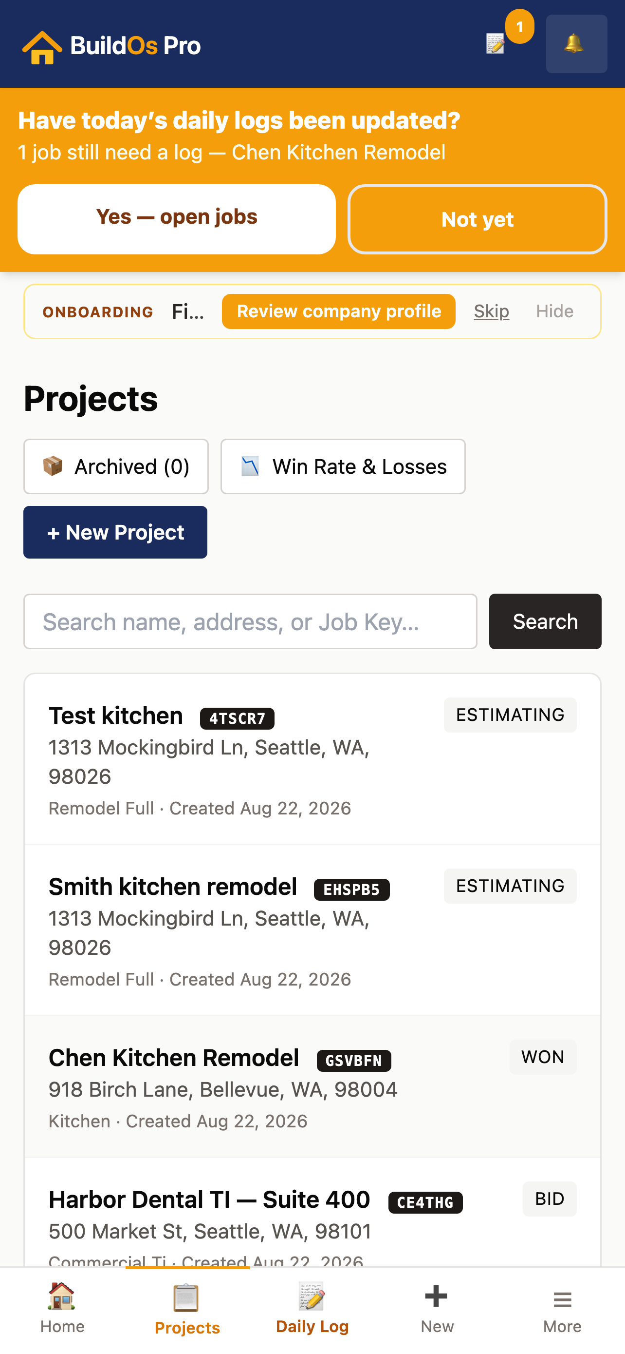 BuildOs Pro projects list